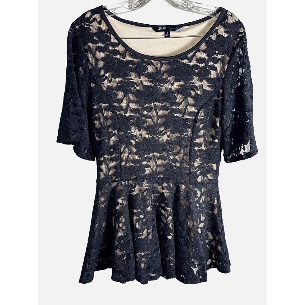 LuLaRoe Elegant Collection Black Lace Peplum Top Metallic Shimmer Short Sleeve S